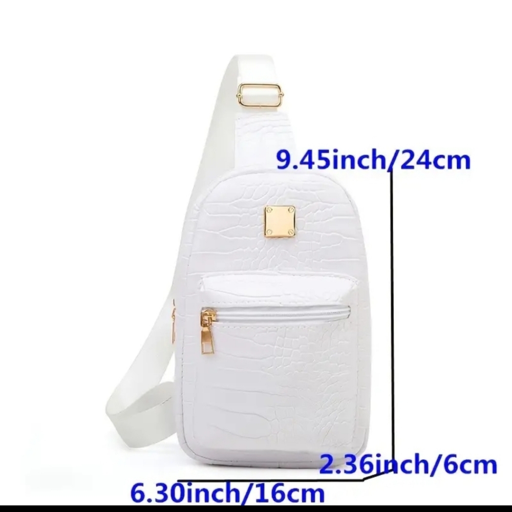 WHITE Crocodile Embossed Chest Bag, Stylish Faux Leather Crossbody Bag,